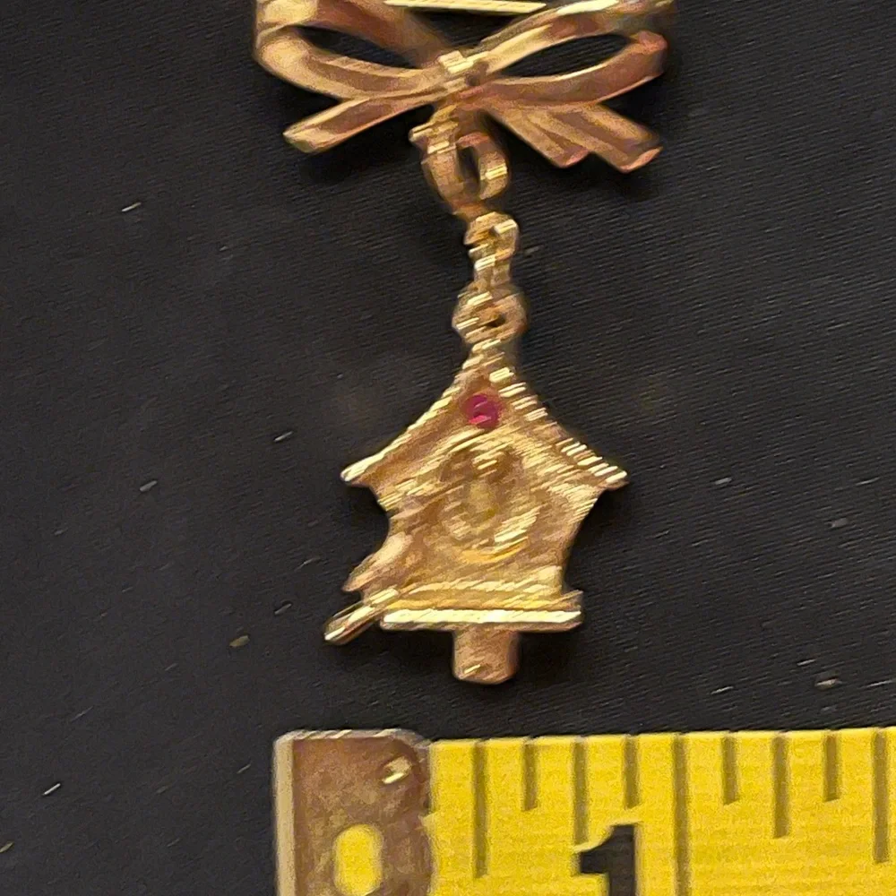 Vintage Gold Tone Bow and Birdhouse Brooch with Red Rhinestone Pendant